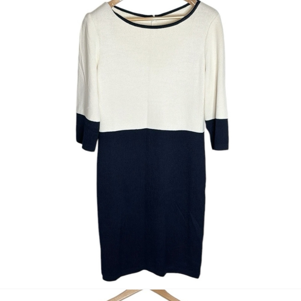 St. John Collection colorblock Santana knit cream navy midi dress size 12